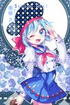  1girl :d blue_eyes blue_hair blue_skirt character_name copyright_name cowboy_shot doily floral_background hat high-waist_skirt ie_(nyj1815) juliet_sleeves long_sleeves mahou_shoujo_madoka_magica miki_sayaka one_eye_closed open_mouth polka_dot polka_dot_background puffy_long_sleeves puffy_sleeves saluting short_hair skirt smile solo teeth unmoving_pattern 