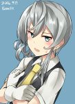  1girl artist_name blue_background blue_eyes blush crossed_arms dated embarrassed gloves grey_hair hair_between_eyes highres kamelie kantai_collection looking_at_viewer necktie nowaki_(kantai_collection) short_hair short_sleeves simple_background solo sweatdrop vest 