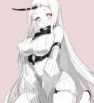  1girl bare_shoulders blush breasts detached_sleeves horn kantai_collection large_breasts long_hair looking_at_viewer mirakururu open_mouth pale_skin red_eyes seaport_hime shinkaisei-kan sideboob signature simple_background solo v_arms very_long_hair white_hair 