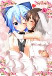  2girls ;) ^_^ animal_ears bare_shoulders blue_eyes blue_hair blush bow bowtie bridal_veil brown_hair carrying cheek_kiss cirno closed_eyes couple dress elbow_gloves error eyebrows floppy_ears floral_background flower gloves highres hug inaba_tewi jewelry kiss multiple_girls nogiguchi off-shoulder_dress off_shoulder one_eye_closed princess_carry rabbit_ears ring smile touhou tuxedo veil vest wedding_band wedding_dress wife_and_wife yuri 