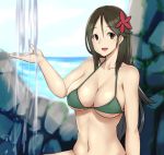  1girl :d amagi_(kantai_collection) arm_at_side arm_support bikini blurry breasts brown_eyes brown_hair cleavage collarbone depth_of_field green_bikini hair_between_eyes kantai_collection large_breasts long_hair looking_at_viewer midriff mole mole_under_eye open_mouth outdoors ponytail sitting smile stone_wall swimsuit taka_(vert_320) under_boob upper_body wall 