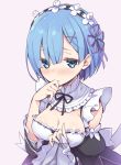  1girl blue_eyes blue_hair blush breasts cleavage hair_ornament hair_ribbon maid maid_headdress pink_background purple_ribbon re:zero_kara_hajimeru_isekai_seikatsu rem_(re:zero) ribbon short_hair simple_background solo tears u-ichi x_hair_ornament 