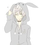  1boy animal_hood bunny_hood hood hooded_jacket jacket looking_at_viewer male_focus number one_eye_closed pom_pom_(clothes) ren_(friends-love) shimotsuki_shun silver_hair simple_background smile solo tsukiuta upper_body white_background 