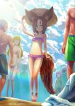  2girls 3boys animal_ears arm_up bikini blade_&amp;_soul blonde_hair breasts brown_eyes brown_hair cleavage clouds dog_ears faceless faceless_female faceless_male hand_on_headwear hat highres long_hair long_tail lyn_(blade_&amp;_soul) mouse_ears multiple_boys multiple_girls navel paws sandals short_hair shorts sky small_breasts smile sun_hat swimsuit tail toes under_boob 