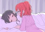  2girls bangs bed bed_sheet black_hair blunt_bangs blush closed_eyes commentary_request green_eyes kurosawa_dia kurosawa_ruby long_hair looking_at_another love_live! love_live!_sunshine!! lying messy_hair mole mole_under_mouth multiple_girls on_side ooshima_tomo pajamas parted_lips pillow redhead siblings sisters sleeping smile two_side_up 