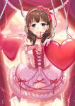  1girl bekkourico blue_eyes blush breasts brown_hair corset dress earrings gloves hairband heart idolmaster idolmaster_cinderella_girls idolmaster_cinderella_girls_starlight_stage jewelry looking_at_viewer mouth_hold ribbon sakuma_mayu short_hair smile solo 