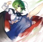  1girl :/ antenna_hair arm_up bangs bei_mochi blue_pants clenched_hand closed_mouth eyebrows eyebrows_visible_through_hair green_eyes green_hair highres kicking long_sleeves looking_at_viewer navel neckerchief pants short_hair simple_background solo touhou white_background wriggle_nightbug 