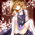  1girl blonde_hair blue_dress blush dress floral_background hair_ribbon hat head_tilt long_sleeves looking_at_viewer moriya_suwako panties pantyshot pantyshot_(sitting) parted_lips red_ribbon ribbon shirayuki_mutsumi sidelocks sitting solo spread_legs striped striped_panties thigh-highs touhou tress_ribbon underwear white_legwear yellow_eyes 