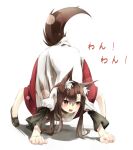  1girl all_fours animal_ears barking brooch brown_hair clenched_hands full_body gorilla_(bun0615) highres imaizumi_kagerou jewelry long_sleeves looking_at_viewer monster_girl open_mouth red_eyes solo tail top-down_bottom-up touhou werewolf wide_sleeves wolf_ears wolf_tail 