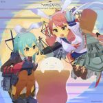  akashi_(kantai_collection) animal_ears aqua_eyes aqua_hair armor ascot bandana blue_skirt brown_legwear cannon crane flight_deck green_eyes hair_ornament hair_ribbon hairclip hammer jacket kantai_collection kinenman long_hair long_sleeves machinery multiple_girls open_mouth pink_hair pleated_skirt rabbit_ears ribbon school_uniform serafuku skirt suzuya_(kantai_collection) thigh-highs tress_ribbon turret twintails 