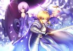  ahoge bare_shoulders blonde_hair braid cape chain elbow_gloves fate/grand_order fate_(series) fur_trim gauntlets gloves gorget green_eyes lavender_hair long_hair looking_at_viewer low-tied_long_hair ruler_(fate/grand_order) saber shield shielder_(fate/grand_order) single_braid standard_bearer sword violet_eyes weapon xiaosan_ye 