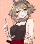  1girl apron bare_shoulders breasts brown_hair green_eyes hairband kantai_collection ladle large_breasts looking_at_viewer mirakururu mutsu_(kantai_collection) naked_apron open_mouth oven_mitts pot short_hair sideboob signature simple_background sketch solo translated 