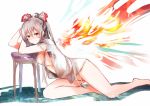  1girl absurdres amamitsu_kousuke blush bottomless bow breasts closed_mouth commentary fiery_wings fujiwara_no_mokou hair_bow highres long_hair looking_at_viewer open_clothes open_shirt ponytail red_eyes shirt short_sleeves silver_hair small_breasts smile solo touhou white_bow white_shirt 