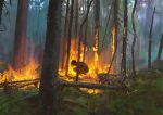  1girl black_hair blurry commentary depth_of_field fire forest grass highres looking_at_viewer looking_to_the_side nature original short_hair smoke snatti solo squatting tree 