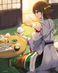  1girl bare_shoulders boots bowl brown_hair detached_sleeves fish food green_skirt headgear hiei_(kantai_collection) japanese_clothes kantai_collection lansane nontraditional_miko ribbon-trimmed_sleeves ribbon_trim rice short_hair sitting skirt smile solo soup steam table tatami thigh-highs thigh_boots wooden_spoon 