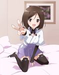  1girl bedroom between_legs brown_eyes brown_hair hakama_skirt hand_between_legs happy hide_0 indoors kuroda_kunika looking_at_viewer on_bed open_mouth outstretched_arm painting_(object) pillow pose short_hair sitting smile solo strike_witches thigh-highs v wariza world_witches_series 