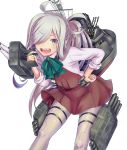  1girl ahoge asashimo_(kantai_collection) bow bowtie dress em_s grey_eyes grey_hair gun hair_over_one_eye hand_on_hip holding holding_gun holding_weapon kantai_collection leaning_forward long_hair long_sleeves looking_at_viewer machinery open_mouth pantyhose ponytail purple_legwear school_uniform sharp_teeth shirt simple_background sleeveless sleeveless_dress solo teeth turret weapon white_background white_shirt 