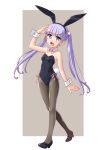  1girl animal_ears bow bowtie bunny_tail bunnysuit detached_collar katahira_masashi long_hair new_game! open_mouth pantyhose purple_hair rabbit_ears salute suzukaze_aoba tail twintails violet_eyes walking wrist_cuffs 