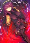  1girl bodysuit breasts fate/grand_order fate_(series) gae_bolg genjung glowing highres lightning long_hair looking_at_viewer pauldrons polearm purple_hair red_eyes scathach_(fate/grand_order) solo spear veil weapon 