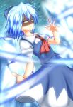  &gt;:( 1girl ascot blue_hair bow cirno danmaku dress hair_bow highres ice ice_wings long_hair nogiguchi serious shaded_face short_hair solo touhou wings 