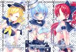  3girls :d anchor_symbol arm_behind_back arms_behind_back blonde_hair blue_bow blue_eyes blue_hair blue_skirt bow bracelet character_name choker copyright_name cowboy_shot detached_collar drill_hair hair_bow hat high_ponytail ie_(nyj1815) jewelry long_hair looking_at_viewer mahou_shoujo_madoka_magica midriff miki_sayaka miniskirt multiple_girls one_eye_closed open_mouth polka_dot polka_dot_background ponytail red_eyes redhead sailor_collar sailor_hat sakura_kyouko short_hair short_shorts shorts skirt sleeveless smile star swimsuit tomoe_mami twin_drills v_arms very_long_hair white_swimsuit wrist_cuffs zipper 