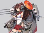  1girl asymmetrical_legwear breasts brown_eyes brown_hair collar commentary_request flag grey_background hair_intakes headgear highres kantai_collection large_breasts long_hair looking_at_viewer machinery miniskirt naruse_hirofumi petals ponytail rigging simple_background skirt smile solo turret umbrella very_long_hair yamato_(kantai_collection) z_flag zulu_(naval_flag) 