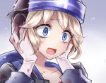  1girl backpack bag blonde_hair blood blood_on_face blue_eyes commentary_request crying crying_with_eyes_open gloves gradient gradient_background hands_on_own_face helmet long_sleeves neit_ni_sei open_mouth original short_hair sketch surprised tears white_gloves wide-eyed 