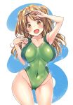  1girl :d arm_up armpits ass_visible_through_thighs blush breasts brown_eyes brown_hair bulbonne collarbone competition_swimsuit covered_navel cowboy_shot hairband highleg highleg_swimsuit highres hips i-26_(kantai_collection) kantai_collection large_breasts long_hair one-piece_swimsuit open_mouth shading_eyes smile solo swimsuit thighs two_side_up wide_hips 