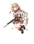  arm_warmers artist_request bandana belt_pouch blue_eyes brown_hair chocolate_bar fn_fnc_(girls_frontline) girls_frontline hair_ornament highres looking_at_viewer official_art pout ribbon tactical_clothes torn_clothes weapon 