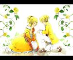  1boy 1girl aku_no_meshitsukai_(vocaloid) aku_no_musume_(vocaloid) blonde_hair bloom bow brother_and_sister brown_shoes buttons choker closed_eyes crying dress earrings evillious_nendaiki flower frilled_dress frills glowing hair_bow hair_ornament hair_ribbon hairclip hand_on_own_cheek highres holding_hand jacket jewelry kagamine_len kagamine_rin kneeling leaf long_sleeves neo_kabocha orange_ribbon plant ponytail reflection ribbon rose shoes shorts siblings smile sparkle tears twins updo vines vocaloid white_legwear yellow_dress yellow_flower yellow_jacket 