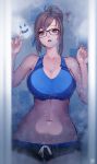  1girl bike_shorts brown_hair frosted_glass glass glasses hair_bun hair_ornament hairpin highres instant_ip mei_(overwatch) open_mouth overwatch solo sports_bra 