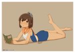  1girl barefoot book brown_eyes brown_hair capriccyo highres i-401_(kantai_collection) kantai_collection lying on_stomach ponytail sailor_collar short_hair swimsuit swimsuit_under_clothes tan tanline 