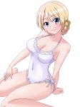  1girl alternate_costume ankoro_(momomonsss) arm_support bare_arms bare_shoulders blonde_hair blue_eyes braid breasts cleavage commentary_request covered_navel darjeeling eyebrows eyebrows_visible_through_hair french_braid girls_und_panzer happy_birthday highres large_breasts light_smile looking_at_viewer simple_background sitting solo wariza white_background 