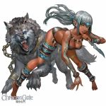  ankle_wraps ass barefoot blue_eyes chain collar dagger danann dark_skin fangs jewelry leg_warmers long_hair looking_to_the_side necklace pointy_ears spread_legs tattoo thigh_strap tribal weapon wolf yellow_skin 
