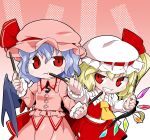  2girls ascot asymmetrical_hair bat_wings blonde_hair blue_hair bow byourou cheek_poking clenched_teeth crystal flandre_scarlet grin hat hat_bow mob_cap multiple_girls pocky poking red_eyes remilia_scarlet siblings side_ponytail sisters smile sweat teeth touhou wings wrist_cuffs 