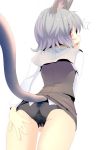  /\/\/\ 1girl animal_ears ass bent_over black_panties blush capelet cowboy_shot from_behind grey_hair grey_shirt grey_skirt ishikkoro long_sleeves looking_at_viewer looking_back miniskirt mouse_ears mouse_tail nazrin panties red_eyes shirt skirt skirt_lift skirt_set solo tail touhou underwear white_background 