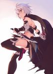  1girl :o ass assassin_of_black bandaged_arm bandages cape dagger dual_wielding fate/apocrypha fate/grand_order fate_(series) fingerless_gloves from_side gloves kinta_(distortion) knife looking_back open_mouth panties solo thigh-highs underwear weapon white_hair 