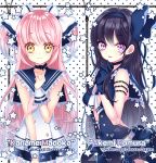  2girls akemi_homura akuma_homura bangs belt black_hair blue_bow blue_dress blue_gloves bow character_name choker copyright_name dress frills gloves goddess_madoka hair_bow hair_ribbon ie_(nyj1815) kaname_madoka light_smile long_hair looking_at_viewer mahou_shoujo_madoka_magica mahou_shoujo_madoka_magica_movie multiple_girls polka_dot polka_dot_background ribbon sailor_collar short_dress sleeveless star two_side_up very_long_hair violet_eyes white_bow white_dress wrist_cuffs yellow_eyes zipper 