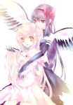  2girls akemi_homura akuma_homura black_gloves black_hair black_wings bow choker cleavage_cutout cowboy_shot dress elbow_gloves gloves goddess_madoka hair_grab highres kaname_madoka long_hair looking_at_viewer mahou_shoujo_madoka_magica mahou_shoujo_madoka_magica_movie multiple_girls parted_lips pink_eyes pink_hair purple_hair red_bow red_eyes shakemi_sara very_long_hair violet_eyes white_background white_dress white_gloves wings 