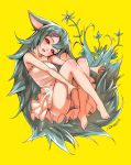  1girl akuman animal_ears aqua_hair bare_arms bare_legs bare_shoulders barefoot blush breasts crossed_legs dress fang flower frilled_dress frills hair_ornament hairclip highres kemono long_hair looking_at_viewer open_mouth original panties pointy_ears pointy_hair red_eyes short_dress simple_background sitting sleeveless sleeveless_dress small_breasts smile solo underwear white_dress yellow_background 
