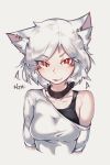  1girl :p animal_ears breasts cat_ears collar deel_(rkeg) highres looking_at_viewer medium_breasts off_shoulder original red_eyes short_hair simple_background solo sports_bra tongue tongue_out upper_body white_hair 