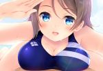  1girl :d blue_eyes blush breast_rest breasts brown_hair competition_swimsuit komone_ushio large_breasts looking_at_viewer love_live! love_live!_sunshine!! lying on_stomach one-piece_swimsuit open_mouth salute short_hair smile solo swimsuit watanabe_you 
