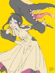  1girl batteru-teru black_hair detached_sleeves extra_mouth flat_chest grin hakama highres japanese_clothes mawile monster_girl nail_polish personification pokemon pokemon_(game) red_eyes sharp_teeth smile solo teeth wide_sleeves yellow_background 
