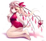  ainy77 barefoot blonde_hair dress flandre_scarlet hat hat_ribbon laevatein laevatein_(tail) mob_cap panties red_dress red_eyes ribbon side_ponytail tail touhou underwear 