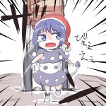  1girl black_dress blue_eyes blue_hair boots capelet chibi doremy_sweet dress emphasis_lines fork hat hex_aaaane looking_back motion_lines multicolored_dress nightcap open_mouth running scared short_hair simple_background solo tapir_tail tears touhou wavy_mouth white_background white_boots white_dress 