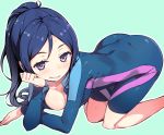  1girl all_fours ass bangs blue_background blue_hair breasts chin_rest cleavage clenched_hand crossed_arms from_side green_background hanging_breasts high_ponytail knees_together_feet_apart long_hair long_ponytail looking_at_viewer love_live! love_live!_sunshine!! matsuura_kanan medium_breasts naughty_face outline parted_bangs ponytail simple_background single_vertical_stripe smile solo swept_bangs u-ichi unitard violet_eyes wet wetsuit 