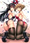  2girls animal_ears ass bare_shoulders black_gloves black_hair breasts brown_eyes brown_hair bunny_girl bunny_tail bunnysuit collar confetti elbow_gloves gloves headgear high_heels highres kantai_collection kase_daiki large_breasts long_hair looking_at_viewer multiple_girls mutsu_(kantai_collection) nagato_(kantai_collection) open_mouth pantyhose rabbit_ears shadow short_hair simple_background tail white_gloves yellow_eyes 