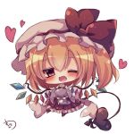  1girl ;d blonde_hair blush chibi fang flandre_scarlet hat heart muuran one_eye_closed open_mouth red_eyes short_hair side_ponytail signature simple_background sketch smile solo touhou white_background wings 