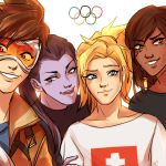  4girls alternate_eye_color black_hair blonde_hair blue_eyes brown_eyes brown_hair casual dark_skin goggles group_picture long_hair mercy_(overwatch) multiple_girls nox_(pepperoni) olympic_rings olympics overwatch pharah_(overwatch) ponytail purple_skin red_eyes smile spiky_hair switzerland tracer_(overwatch) widowmaker_(overwatch) 