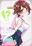  !? /\/\/\ 1girl artist_name bare_shoulders blue_eyes blush breasts brown_hair commentary_request covering covering_ass detached_sleeves headgear hiei_(kantai_collection) highres japanese_clothes kantai_collection large_breasts looking_at_viewer nontraditional_miko panties pantyshot short_hair striped striped_panties sukemyon sweatdrop twitter_username underwear 